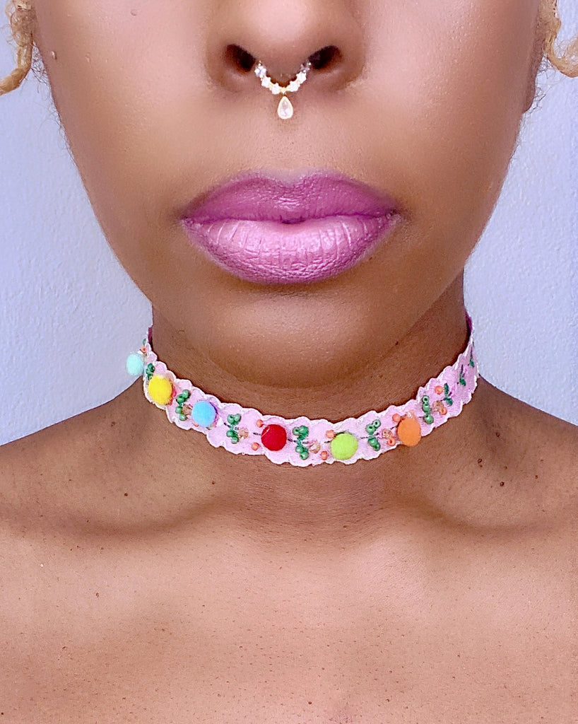 BRAND NEW Nianne Pink Floral Embroidered Choker Necklace